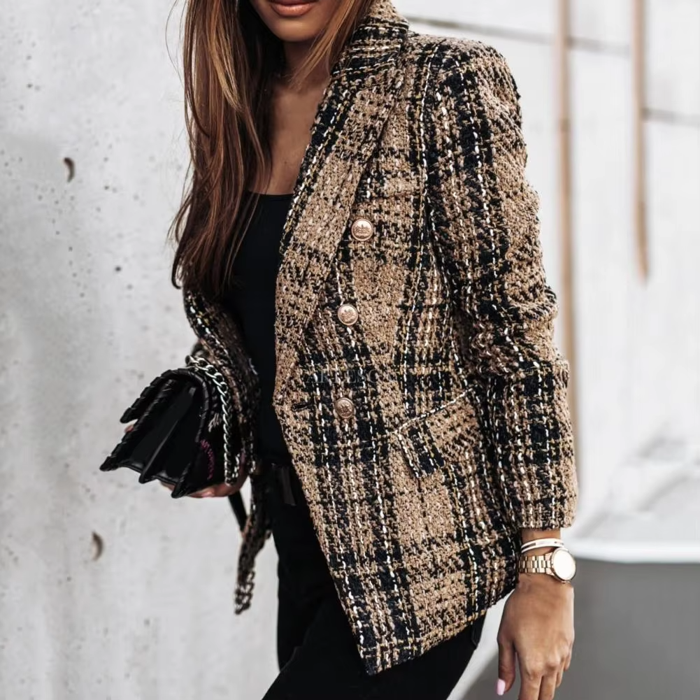 Stockholm Atelier™ - Modern Plaid Print Double Breasted Spring Blazer