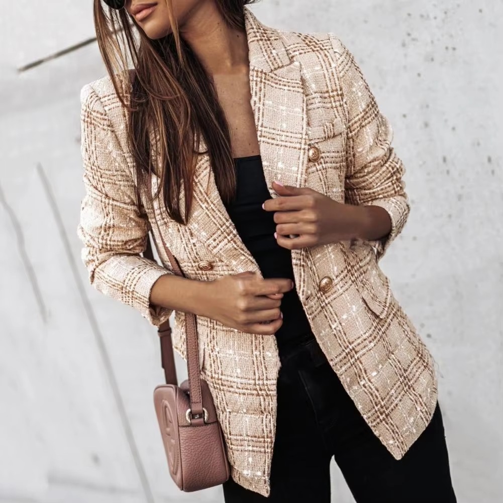 Stockholm Atelier™ - Modern Plaid Print Double Breasted Spring Blazer