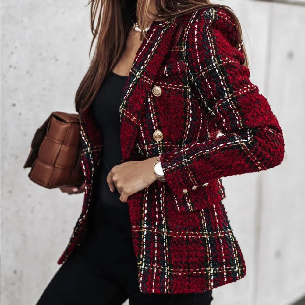 Stockholm Atelier™ - Modern Plaid Print Double Breasted Spring Blazer