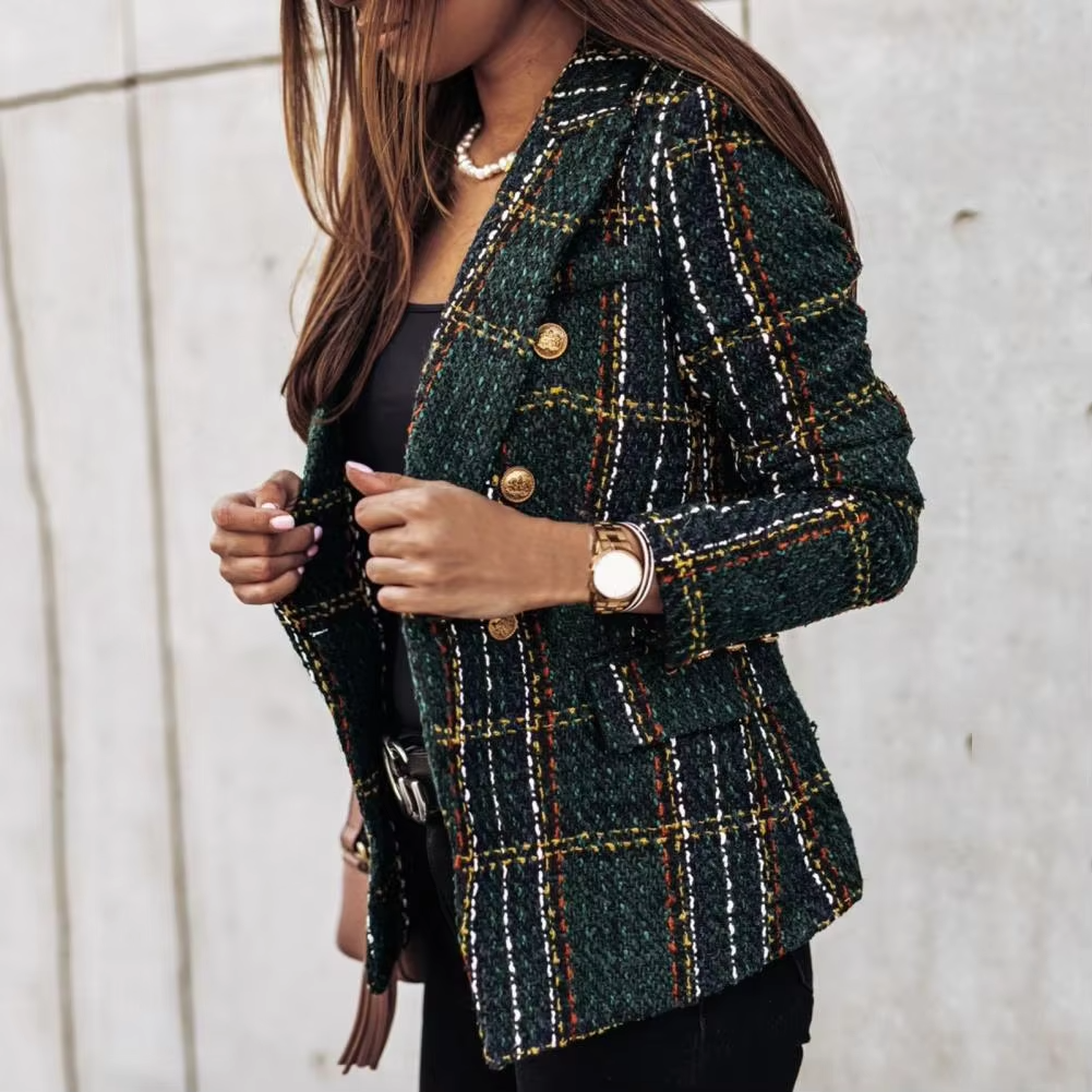Stockholm Atelier™ - Modern Plaid Print Double Breasted Spring Blazer