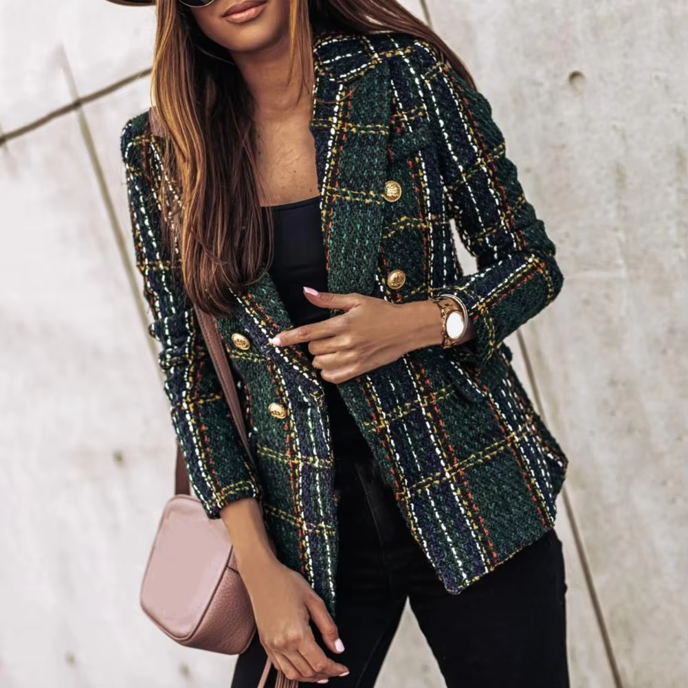 Stockholm Atelier™ - Modern Plaid Print Double Breasted Spring Blazer